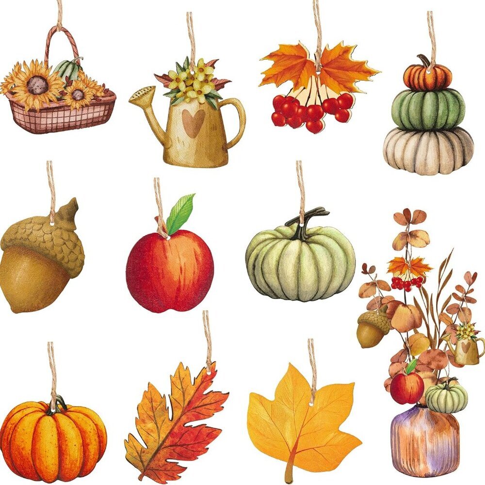 31Pcs Fall Autumn Wood Hanging Ornaments Autumn Wooden Pumpkin Maple Leaves Deco